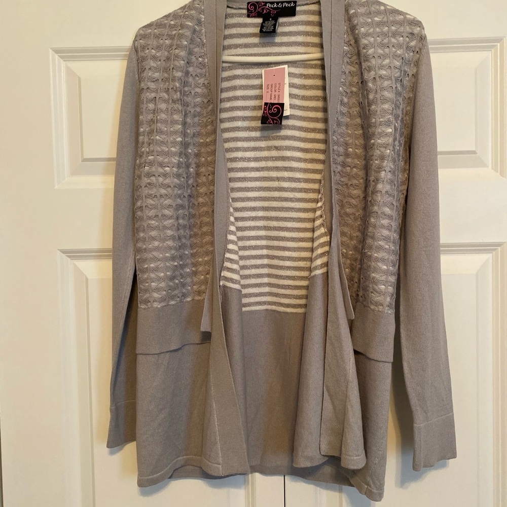 Grey and white cardigan sweater